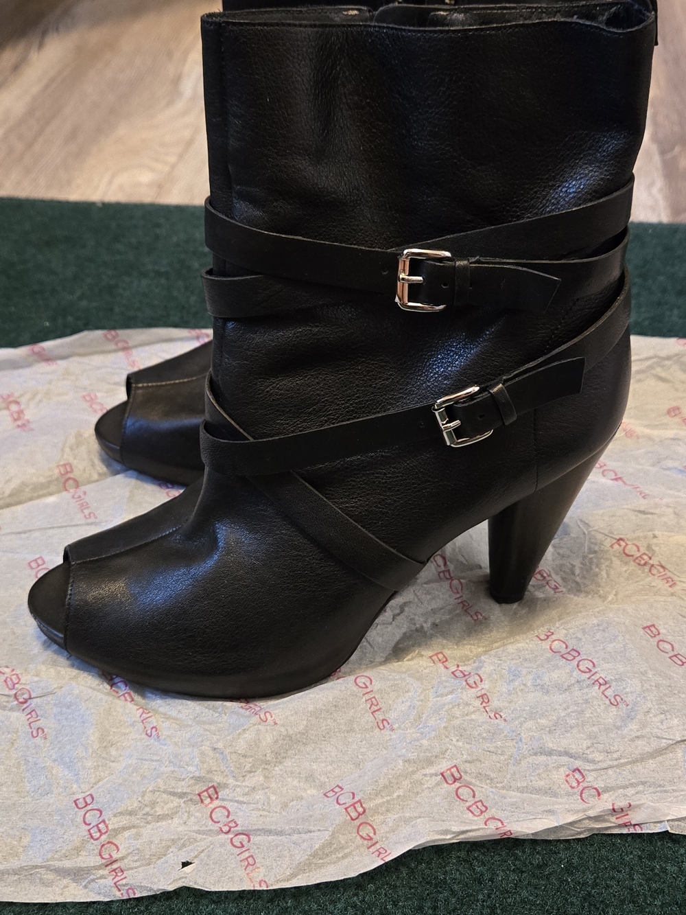 Women's Black Peep-Toe Ankle Boots with Buckle Straps